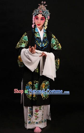 Black Traditional Chinese Opera Round Flower Embroidery Robe and Skirt