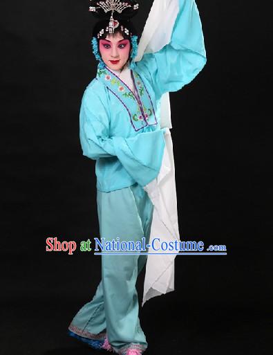 Traditional Chinese Blue Beijing Opera Hua Dan Long Sleeves Practice Robe and Pants