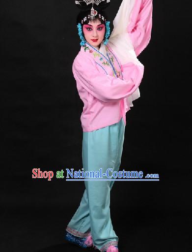 Traditional Chinese Pink Beijing Opera Hua Dan Long Sleeves Practice Blouse and Pants