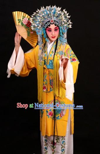 Yellow Chinese Peking Opera Empress Costumes and Phoenix Coronet Complete Set for Women