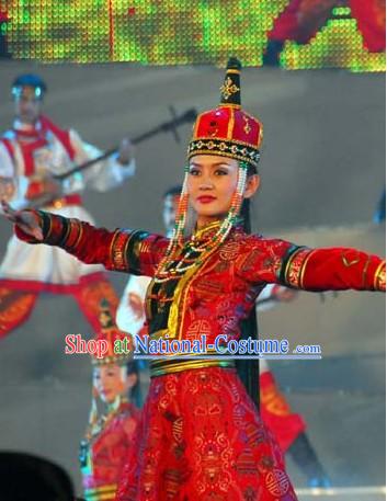 Traditional Chinese Mongolian Ethnic Clothing and Hat for Women