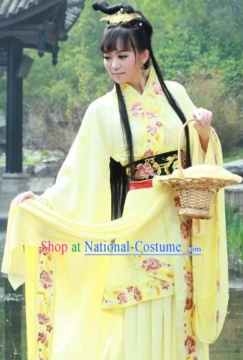 Yellow Ancient Chinese Xi Shi Beauty Costumes and Basket Complete Set