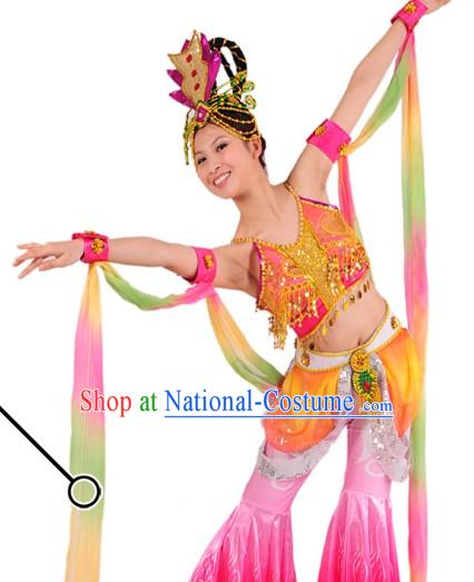 Traditional Chinese Long Ribbon Dancing Costumes and Headwear for Women