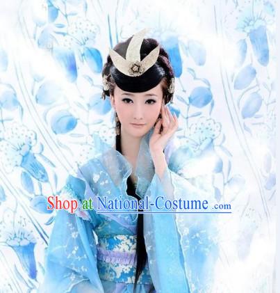 Chinese Ancient Skyblue Princess Guzhuang Costumes for Ladies