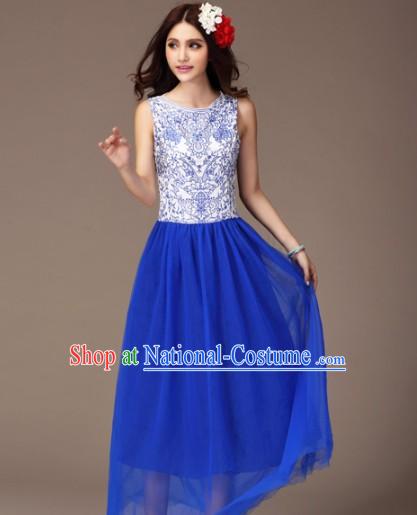 Blue and White Ceramics Style Mandarin Long Evening Dress