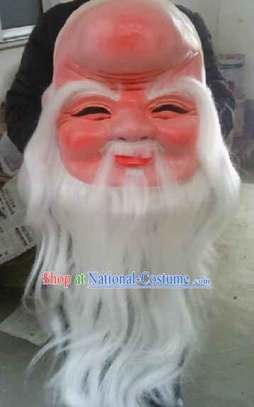 Traditional Chinese Festival Celebration Smile Grandfather Mask with White Long Beard