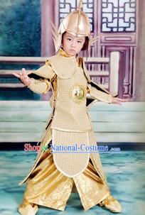 Ancient Traditional Chinese Emperor Armor Costumes and Hat Complete Set for Kids