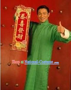 Chinese Lunar New Year Minguo Style Green Da Gua Mandarin Long Robe for Men