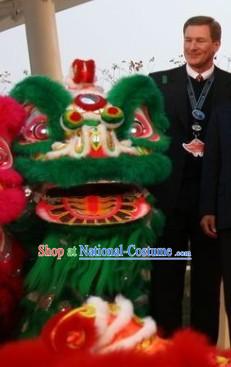 Traditional Hok San Type Green Long Wool Lion Dance Costumes Full Set