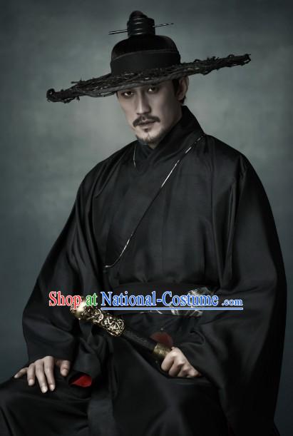 Black Ancient Chinese Swordsman Clothing and Bamboo Hat for Men