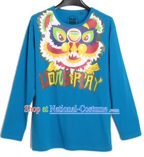 Blue Lion Dance Cotton T-shirt