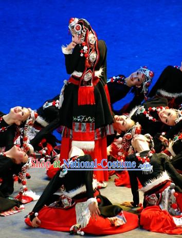 Chinese Folk Ethnic Tibetan Dance Costumes and Headwear for Women