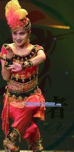 Professional Stage Performance Xinjiang Dance Costume and Hat for Girls