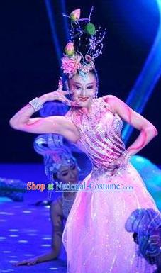 Asian Pink Lotus Dancing Costume and Headdress Complete Set for Women