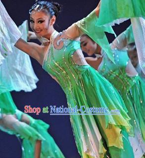 Asian Green Classical Dance Dresses and Headwear Full Set