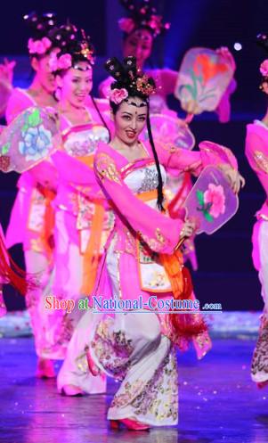 Traditional Chinese Fairy Fan Dancing Costumes and Headdress Complete Set for Women