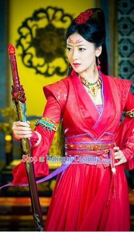 Ancient Chinese Red Swordswoman Costumes and Headpieces Full Set