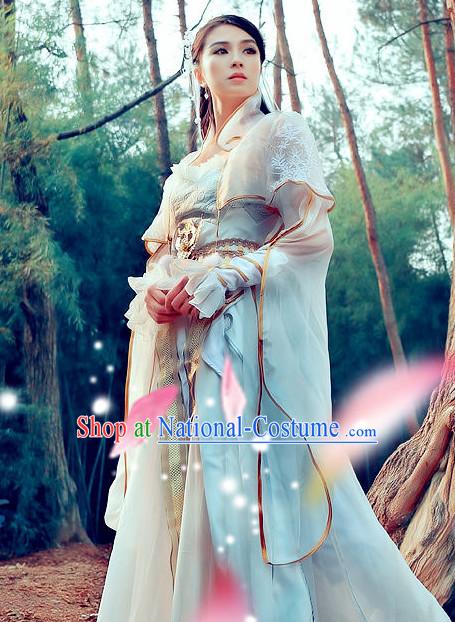 Ancient Chinese High Collar White Princess Dancewear and Headwear Complete Set