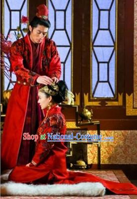 Traditional Chinese Happy Flower Embroidery Bridal Wedding Dresses and Headwear Two Complete Sets