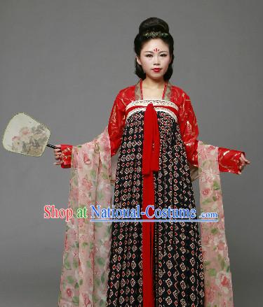 Traditional Chinese Tang Dynasty Clothing and Fan Complete Set