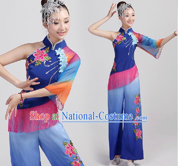 Professional Chinese Fan Team Dancing Costumes and Headwear Complete Set for Women