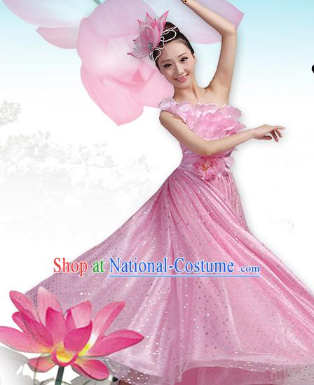 Professional Chinese Pink Lotus Dancing Costumes and Headwear Complete Set for Women