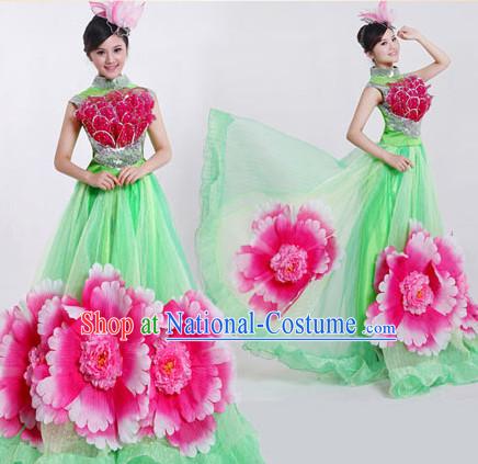 Professional Chinese Flower Dancing Costumes and Headwear Complete Set for Women