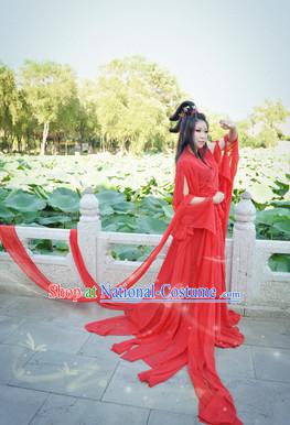 Red Chinese Hanfu Beauty Costumes and Headdress Complete Set