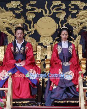 Ancient Korean Palace Imperial Emperor and Empress Costumes and Hair Accessories 2 Complete Sets