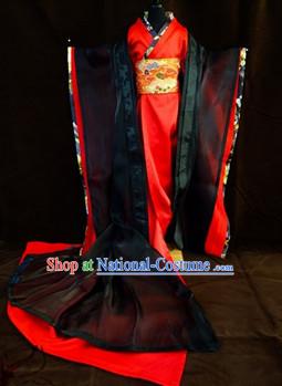 Ancient Black and Red Japanese Kimono Costumes for Ladies