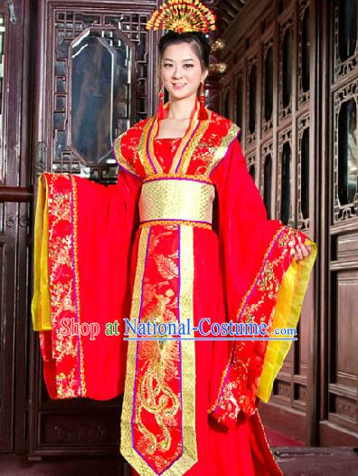 Ancient Chinese Tang Red Phoenix Wedding Robe with Long Tail