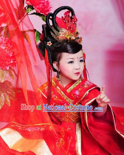 Chinese Traditional Wedding Dress and Headwear Complete Set for Children