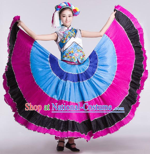 Chinese Traditional Yi Lady Dance Skirt and Headwear Complete Set