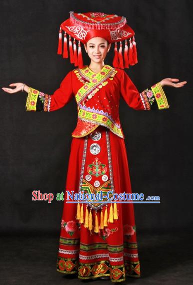 Top Zhuang Recital Dance Costumes and Hat Complete Set for Girls