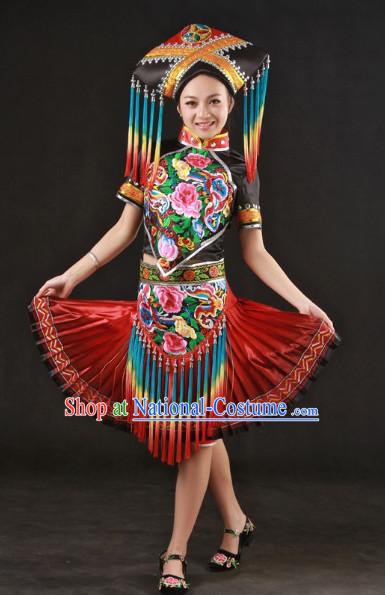 Top Guangxi Province Zhuang Recital Dance Costumes and Hat Complete Set