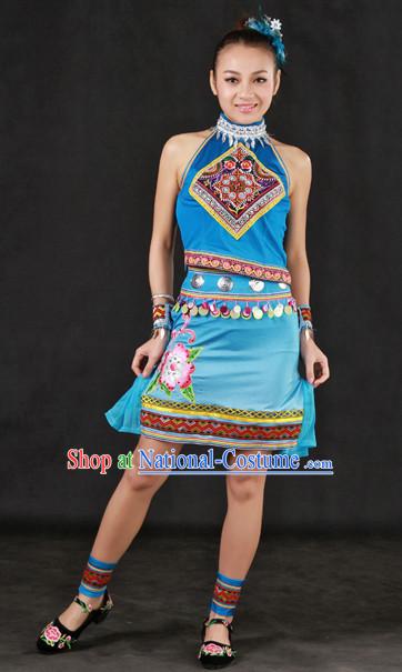 Custom Made Zhuang Ethnic Minority Dresses and Headwear Complete Set