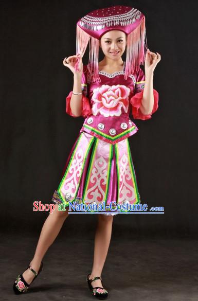 Stage Classical Zhuang Dancing Costumes and Headwear for Ladies