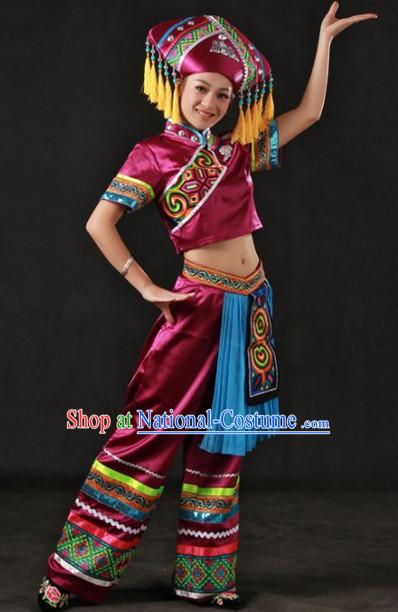 Traditional Chinese Zhuang Stage Performance Costumes and Headwear for Women