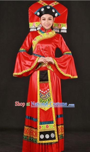 Traditional Chinese Zhuang Wedding Dresses and Hat for Women