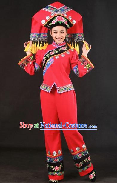 Traditional Chinese Zhuang Stage Performance Costumes and Hat