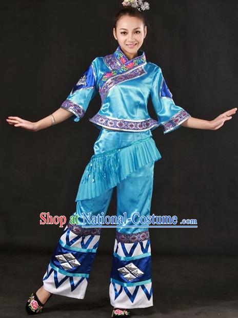 Traditional Chinese Zhuang Stage Performance Dance Costume and Headwear Complete Set