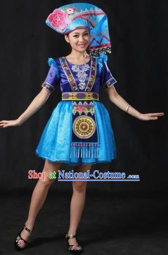 Zhuang National Dance Costumes and Hat Complete Set for Women