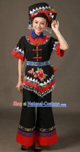 Zhuang Ethnic Traditional Costumes and Hat Complete Set for Women