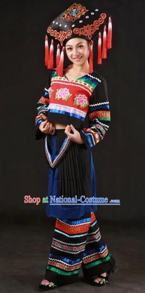 Zhuang Ethnic Traditional Dresses and Hat Complete Set for Women