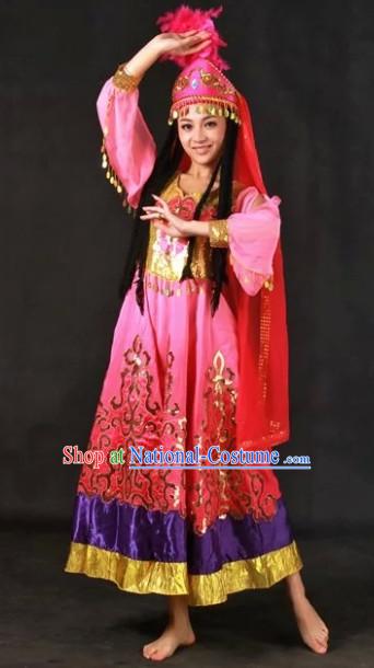 Xinjiang Ethnic Traditional Dresses and Hat Complete Set for Girls