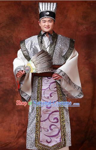 Chinese Three Kingdoms Zhuge Liang Costumes and Hat and Fan for Men