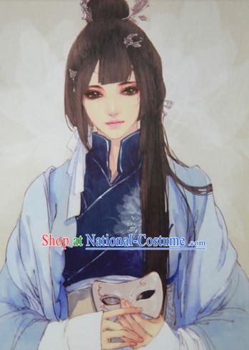 Chinese Traditional Black Guzhuang Hanfu Wig and Hair Accessories for Girls