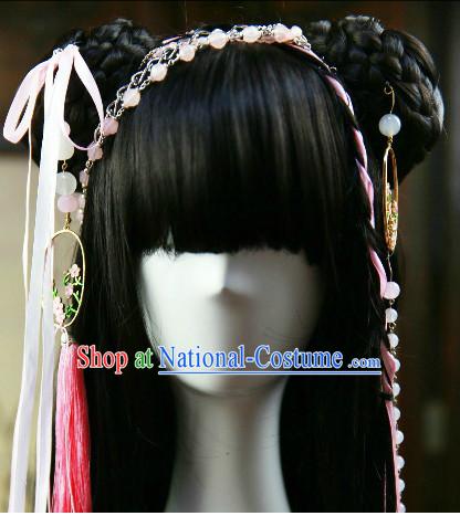 Chinese Traditional Black Cosplay Hanfu Wig and Hair Accessories for Girls