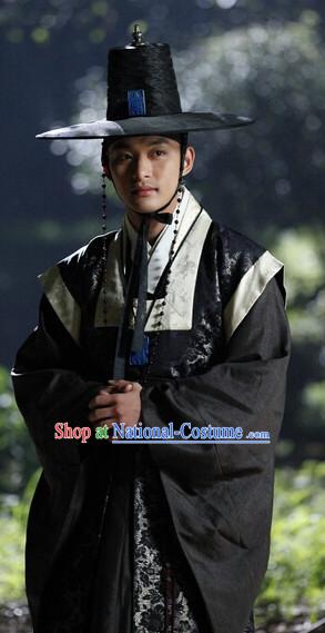 Ancient Korean Black Costumes and Hat Complete Set for Men