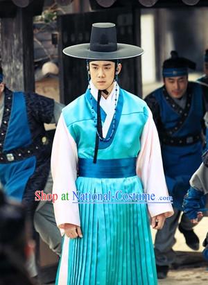 Traditional Korean Blue Clothes and Hat Complete Set